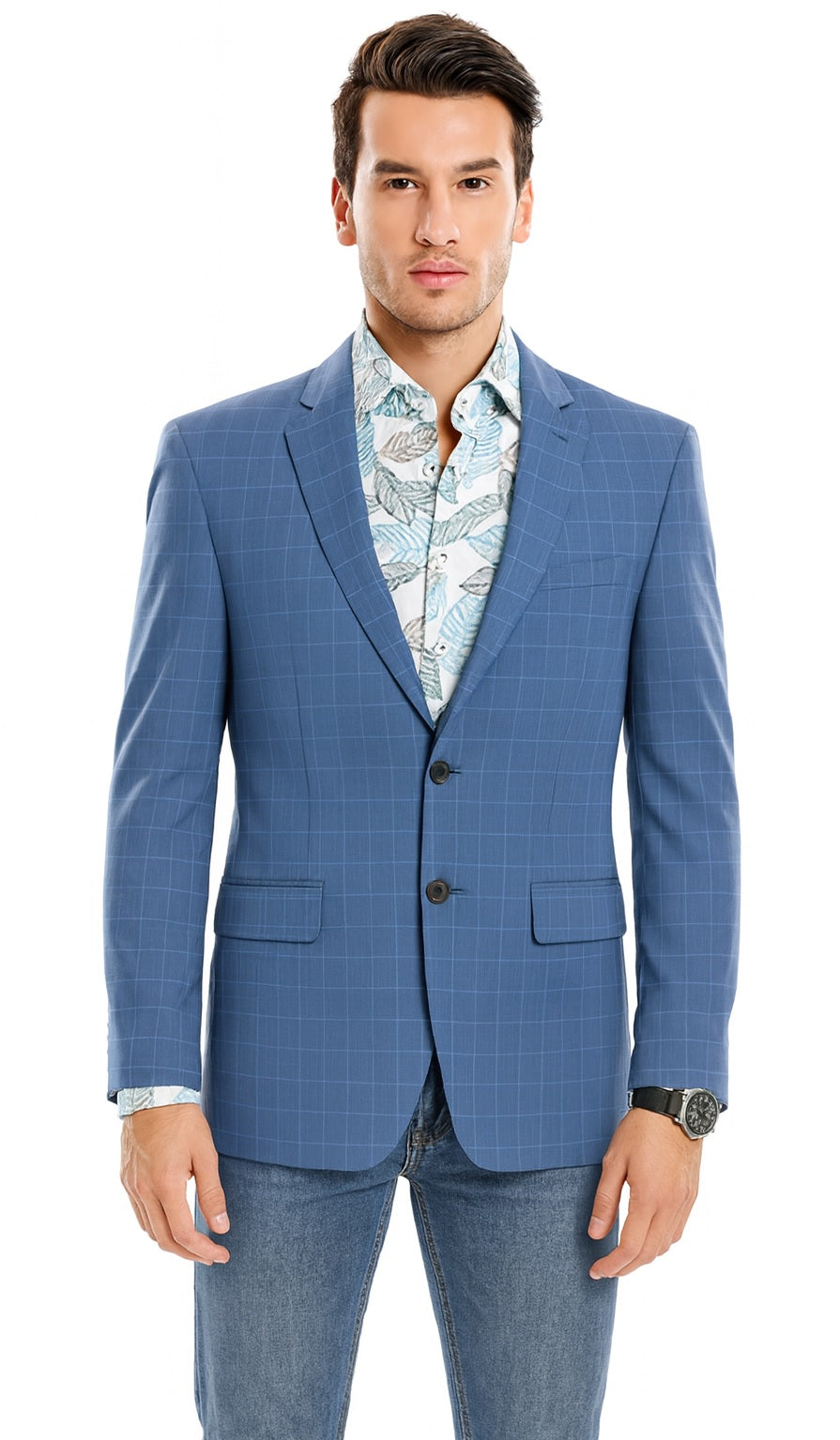 Tazio Blue Windowpane Sport Coat: 2-Button Reg Fit Blazer - Men's Stylish Plaid by Tazzio