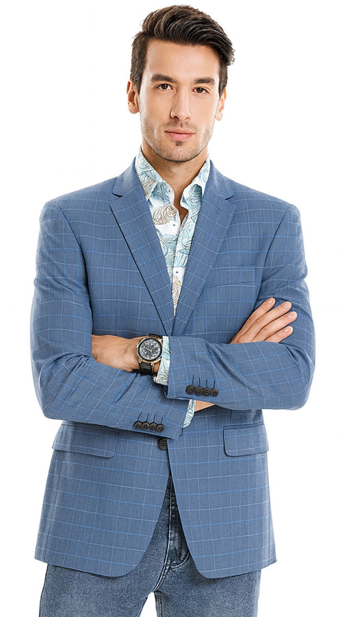 Tazio Blue Windowpane Sport Coat: 2-Button Reg Fit Blazer - Men's Stylish Plaid by Tazzio
