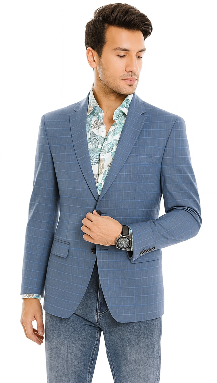 Tazio Blue Windowpane Sport Coat: 2-Button Reg Fit Blazer - Men's Stylish Plaid by Tazzio