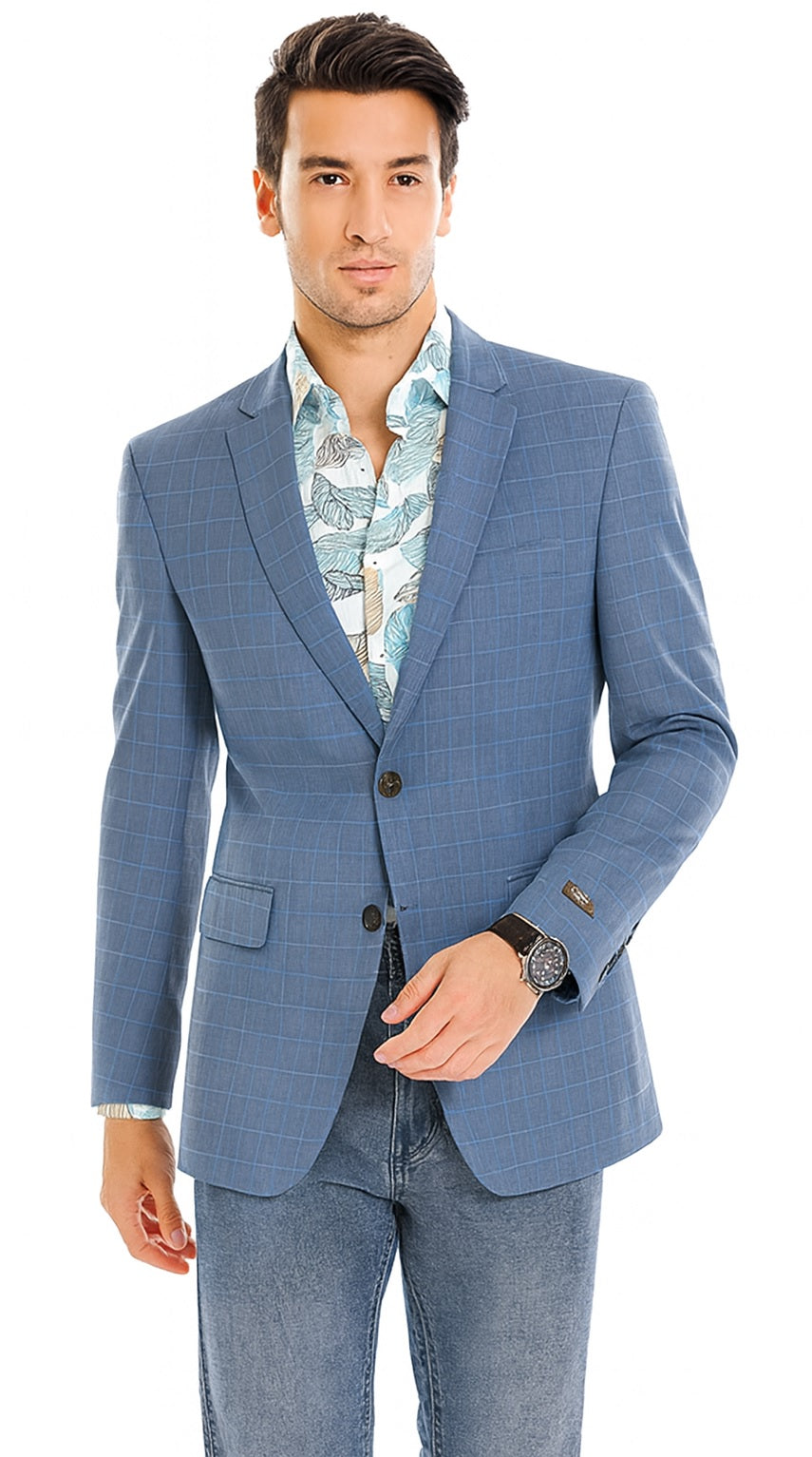 Tazio Blue Windowpane Sport Coat: 2-Button Reg Fit Blazer - Men's Stylish Plaid by Tazzio