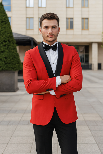 Tazio Men's Elegant Red & Black Shawl Lapel One-Button Dinner Jacket