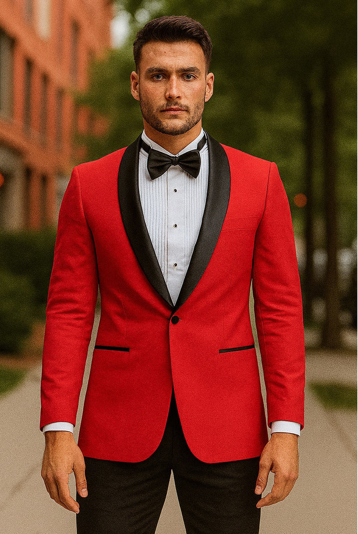 Tazio Men's Elegant Red & Black Shawl Lapel One-Button Dinner Jacket
