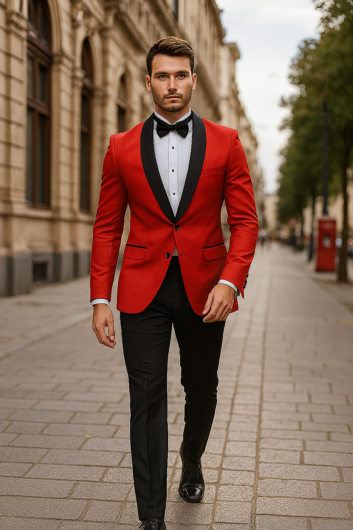 Tazio Men's Elegant Red & Black Shawl Lapel One-Button Dinner Jacket