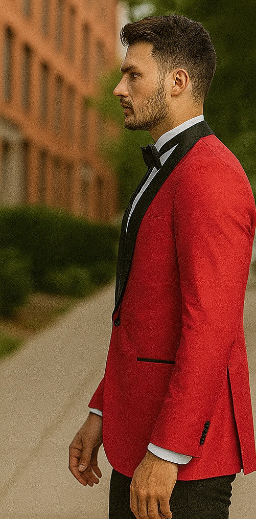Tazio Men's Elegant Red & Black Shawl Lapel One-Button Dinner Jacket