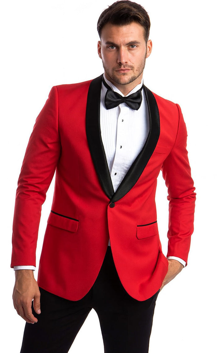 Tazio Men's Elegant Red & Black Shawl Lapel One-Button Dinner Jacket
