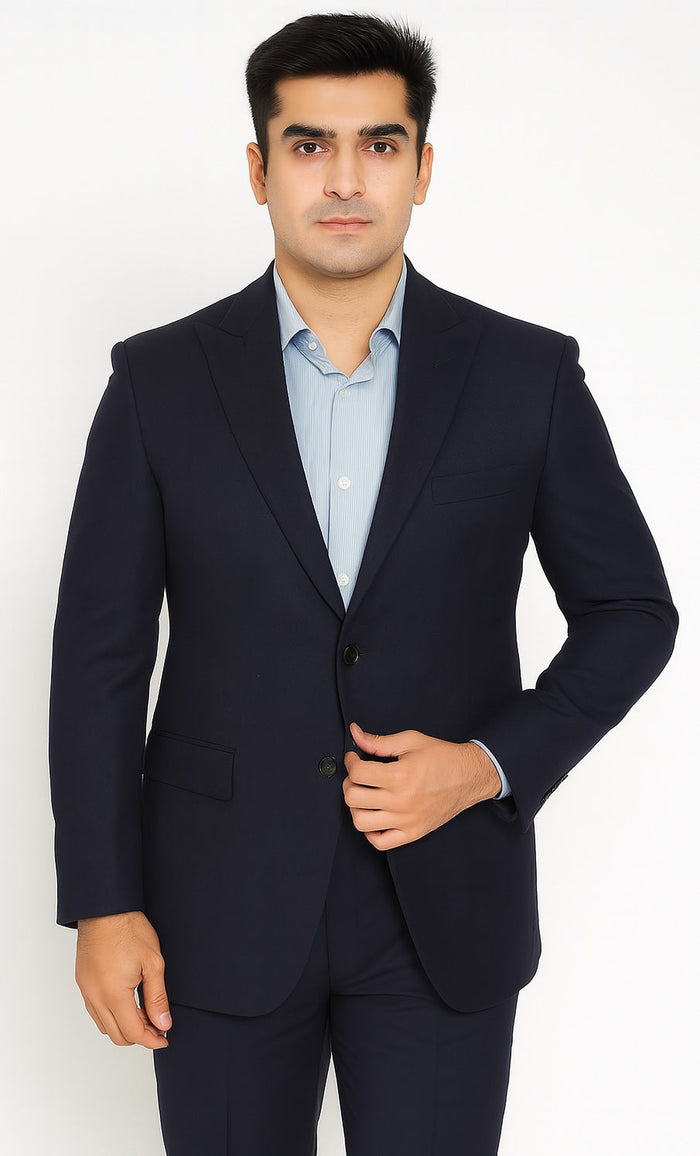 Tazio Men's Navy Wool Peak Lapel Two-Button Blazer