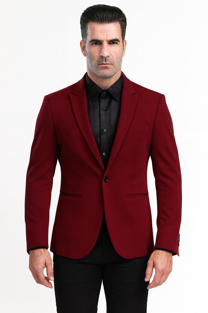 Tazio Men's Peak Lapel One-Button Blazer - Burgundy Skinny Fit