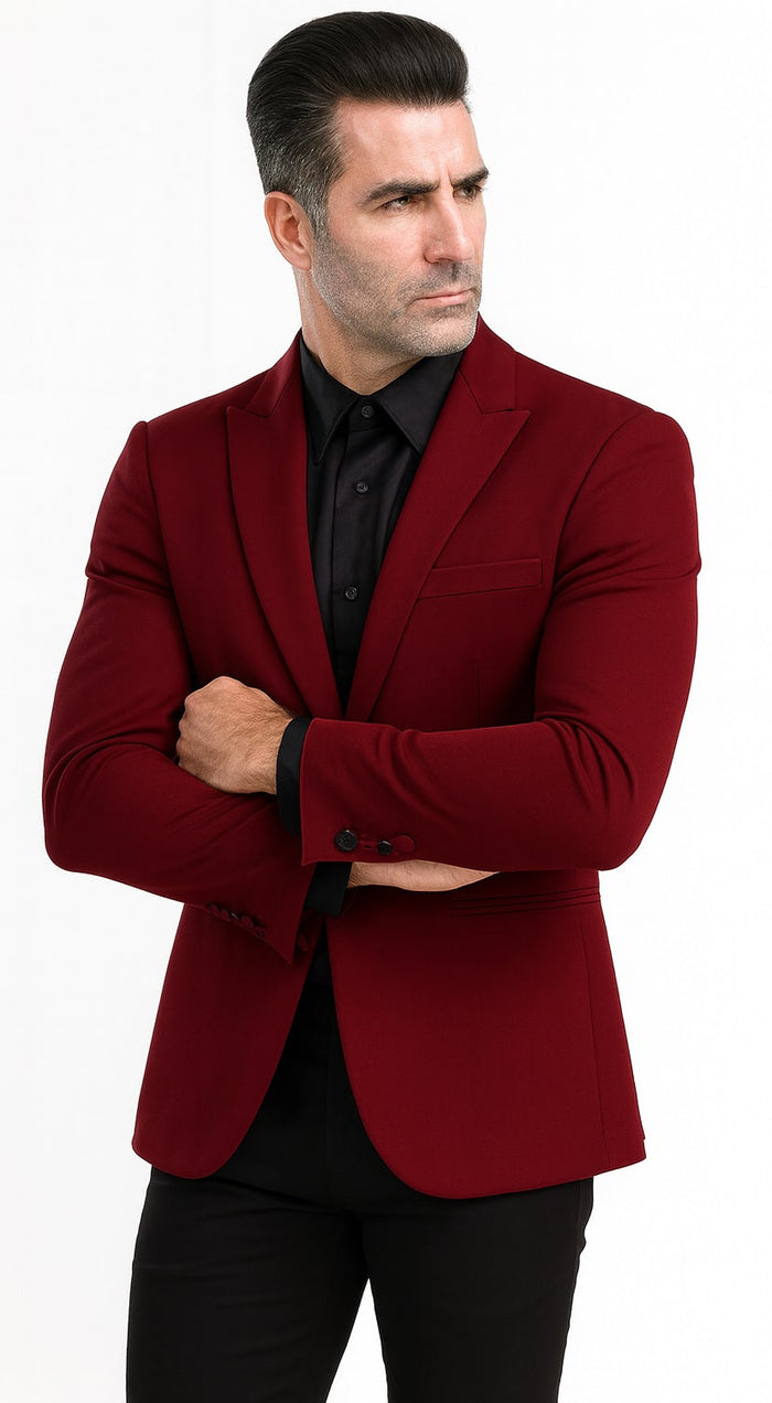 Tazio Men's Peak Lapel One-Button Blazer - Burgundy Skinny Fit