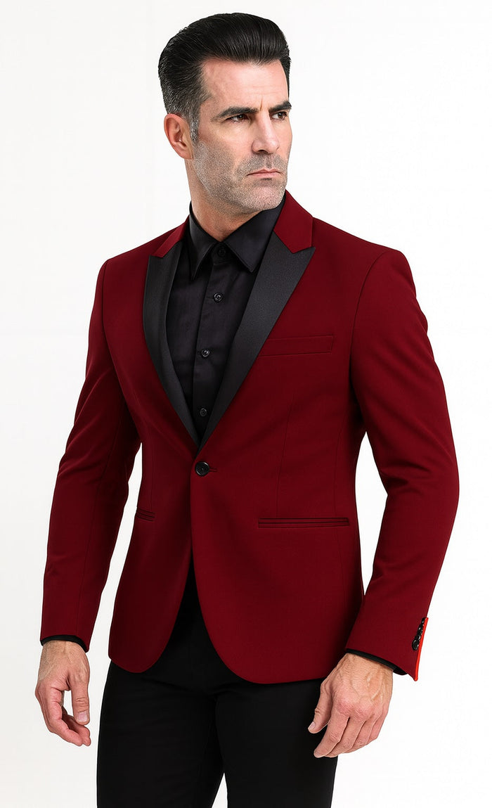 Tazio Men's Peak Lapel One-Button Blazer - Burgundy Skinny Fit