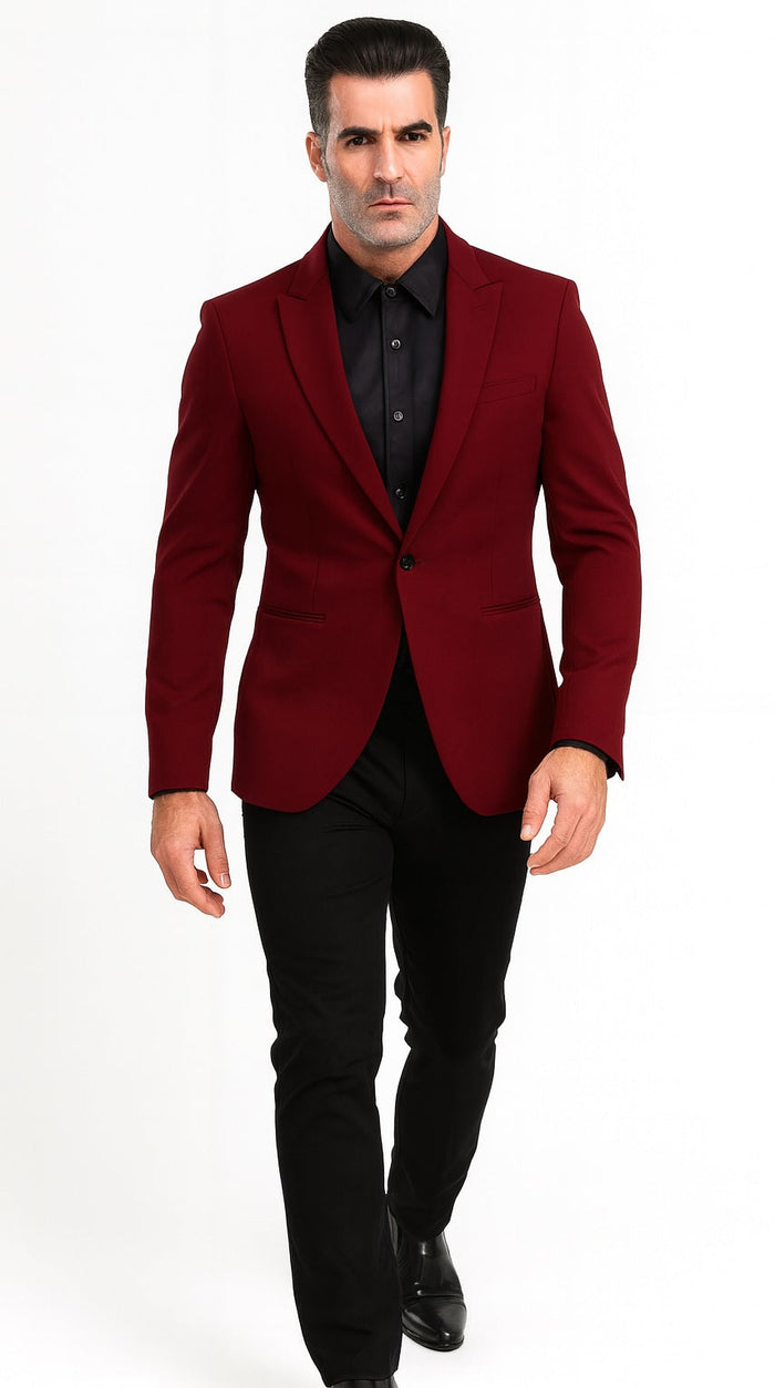 Tazio Men's Peak Lapel One-Button Blazer - Burgundy Skinny Fit