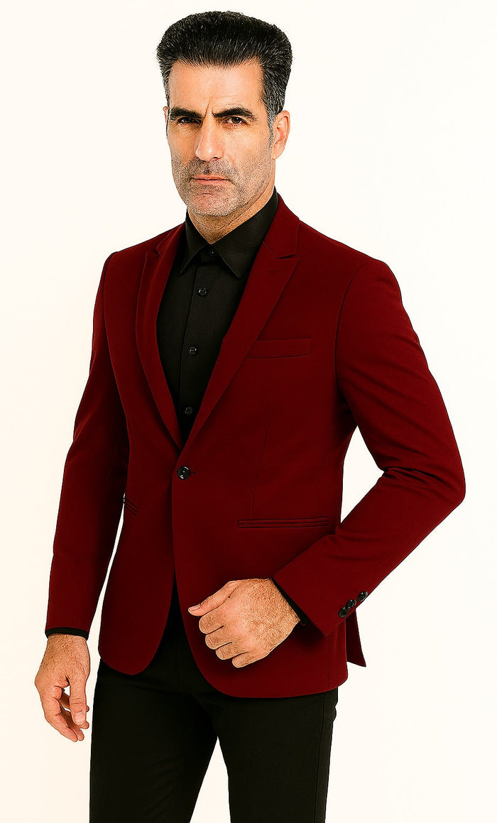 Tazio Men's Peak Lapel One-Button Blazer - Burgundy Skinny Fit