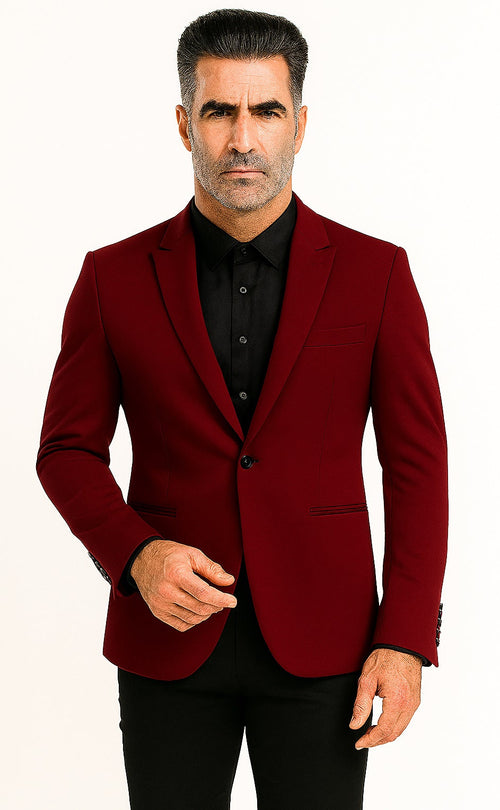 Tazio Men's Peak Lapel One-Button Blazer - Burgundy Skinny Fit