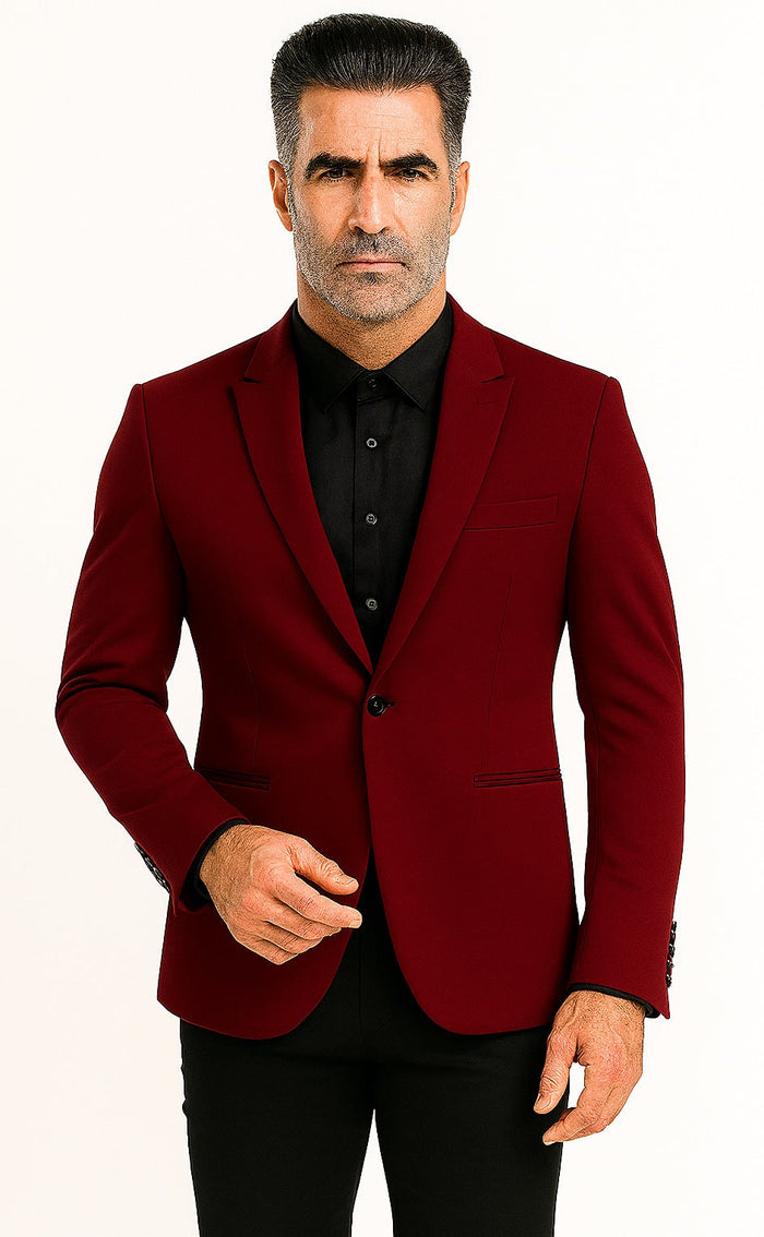 Tazio Men's Peak Lapel One-Button Blazer - Burgundy Skinny Fit