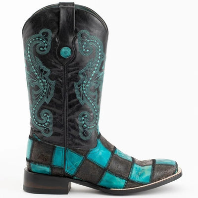 Ferinni Boot - Mens Dress Cowboy Boot - Ferrini Men's Patchwork Square Toe Boots Handcrafted in Black/Teal Color Ferrini USA