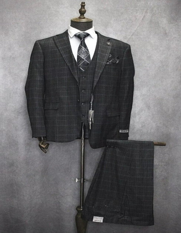 Mens Three Button Notch Lapel Plaid Pattern Suit Charcoal ~ Blue ~ White by USA Men's Outlet