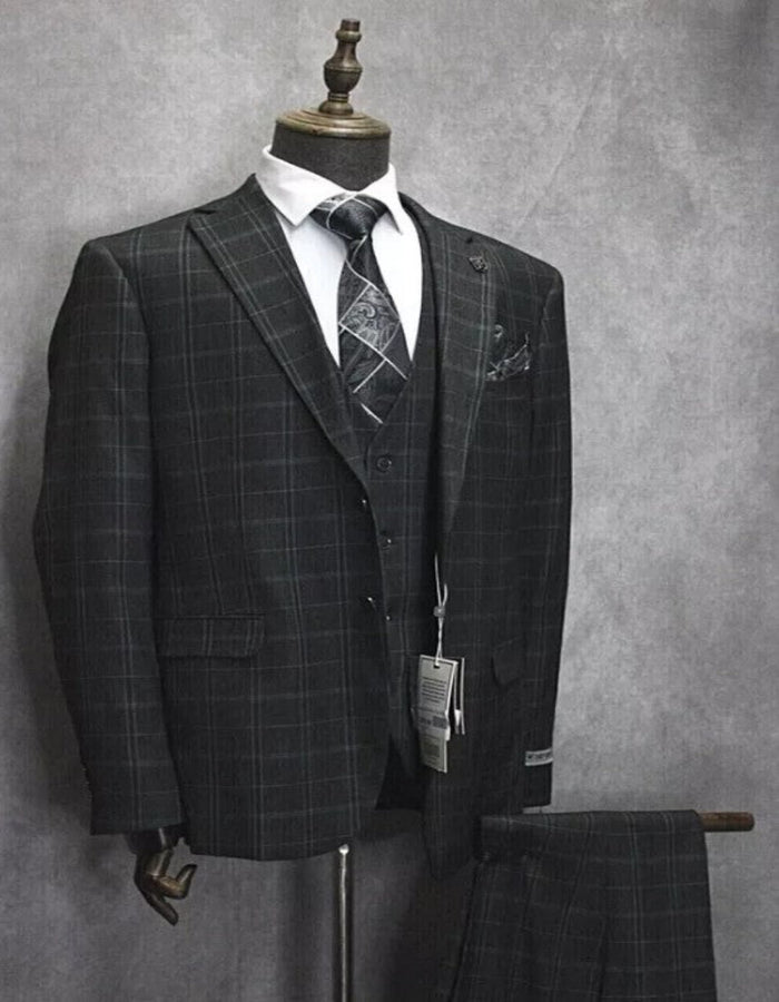 Mens Three Button Notch Lapel Plaid Pattern Suit Charcoal ~ Blue ~ White by USA Men's Outlet