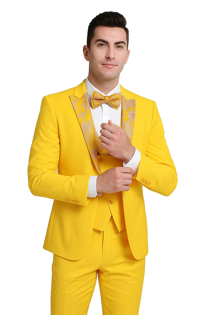 Radiant Golden Bloom Mens 3-Piece Suit with Floral Peak Lapel by USA Men's Outlet