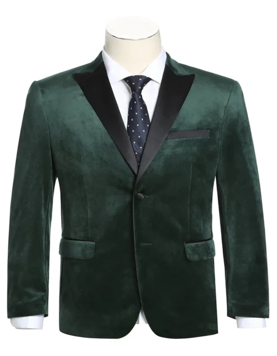 Green Prom Suit For Men - Mens Two Button Peak Lapel Velvet Prom Tuxedo Hunter green Blazer