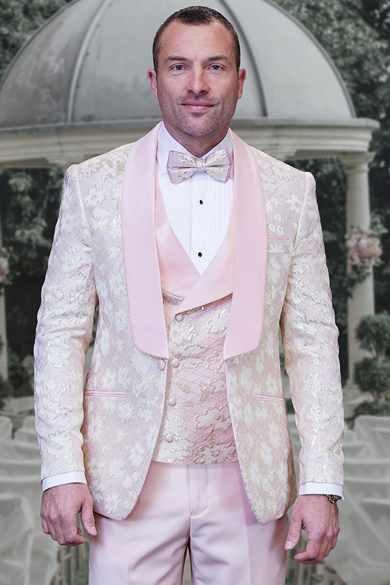Men's Pink & Gold Paisley Vested Tuxedo for Weddings & Proms