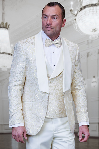 Men's Ivory and Gold Floral Paisley Vested Tuxedo
