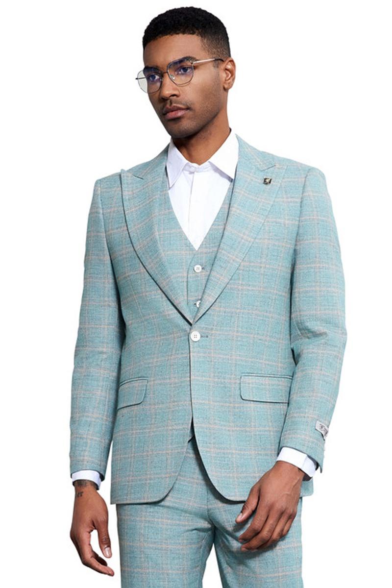Men's Stacy Adams Vested Peak Lapel Light Turquoise Green Plaid Prom & Wedding Suit – SuitUSA