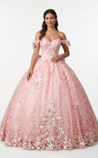Off-Shoulder Quinceañera Gown with Floral Sweetheart Neckline & Corset Back Bow by Trevi TL3073C