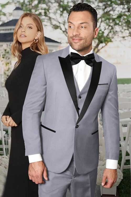 Men's Grey Vested Tuxedo with Peak Lapel by Statement Suits
