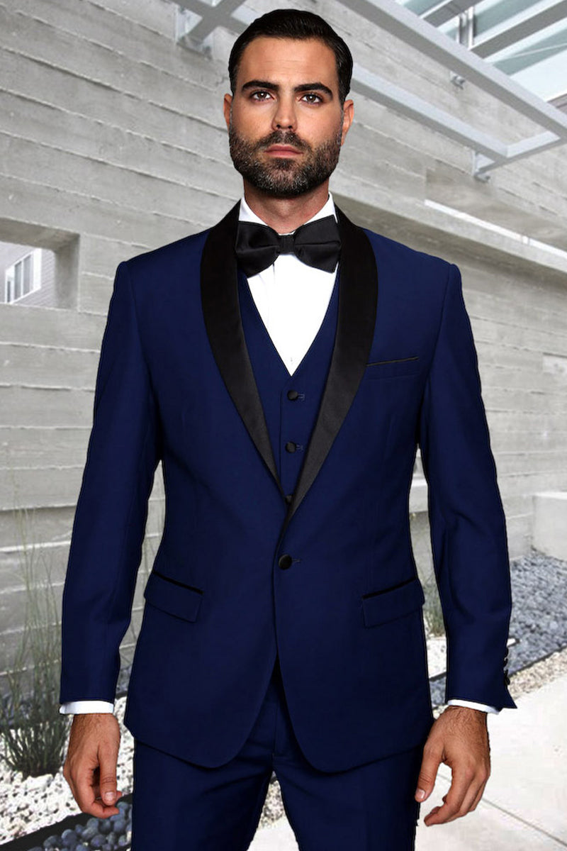 Men's Sapphire Blue and Black Shawl Lapel Tuxedo by Statement Suits