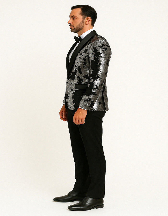 Men's Black and Silver Gray Sequin Tuxedo Blazer With Black Pants by USA Men's Outlet