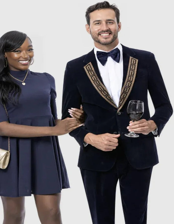 Black and Gold Prom Suit - Mens Modern Fit Velvet Tuxedo Suit with Gold Sequin Navy Blue Tuxedo