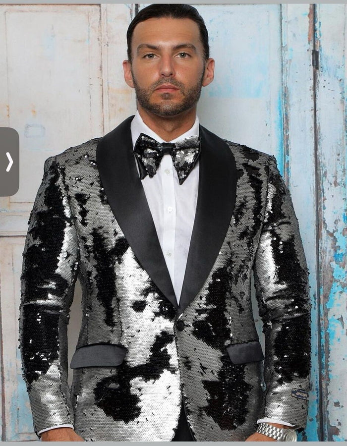 Men's Black and Silver Gray Sequin Tuxedo Blazer With Black Pants by USA Men's Outlet