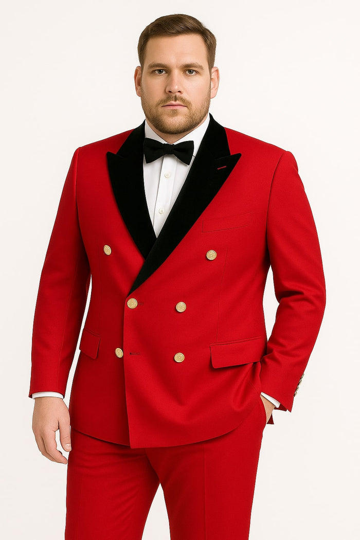 Men's Red Double-Breasted Wedding Tuxedo with Black Velvet Lapel and Gold Buttons - Christmas New Year Suit by USA Men's Outlet