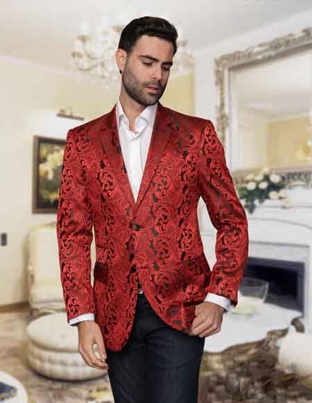 Men's Floral Sateen Unique Paisley Sport Coat/Fancy Stage Party Two Toned Cheap Priced Blazer Jacket For Men / Dinner Men's Jacket Red / Sport coat mensusain