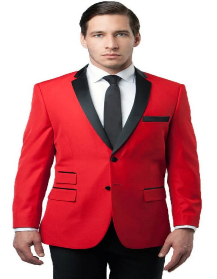 Mens Slim Fit Two Button Notch Lapel Side Vent Tuxedo Jacket in Red and Black by Men's Tuxedo USA