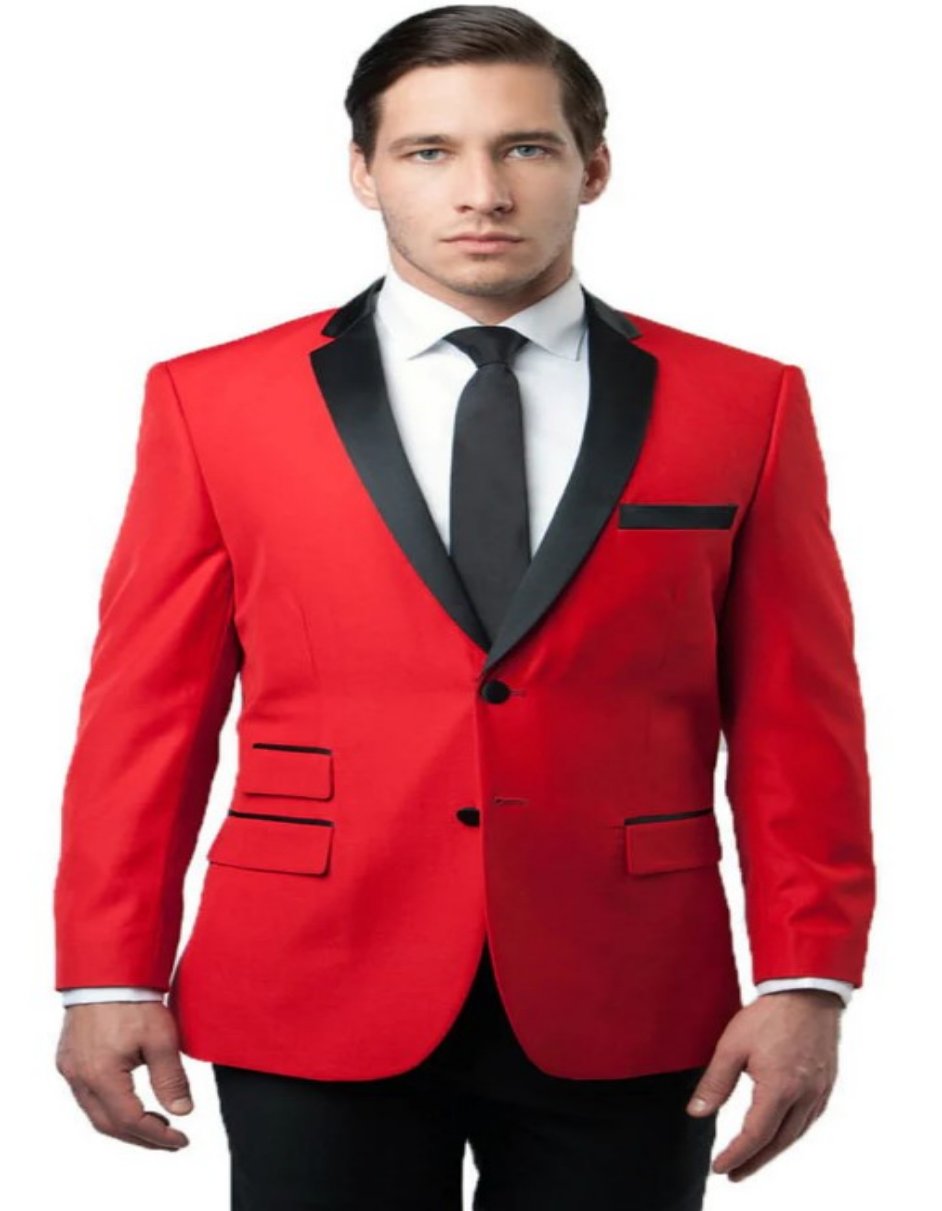 Mens Slim Fit Two Button Notch Lapel Side Vent Tuxedo Jacket in Red and Black by Men's Tuxedo USA