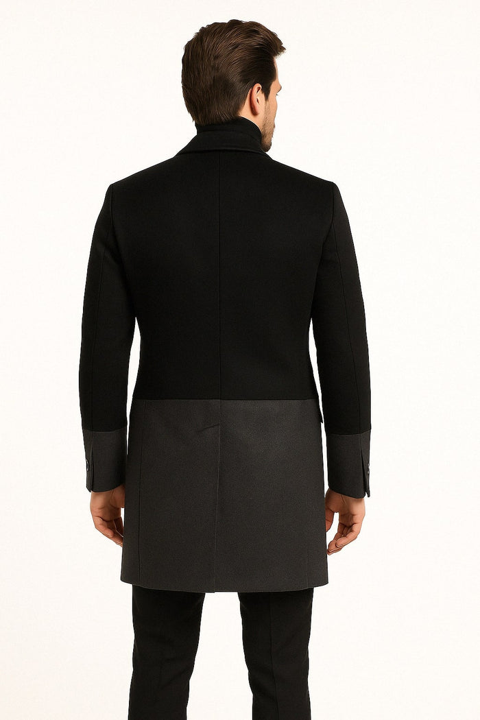 Mens Two-Tone Double-Breasted Overcoat in Black and Charcoal Gray Wool Fabric Topcoat by USA Men's Outlet