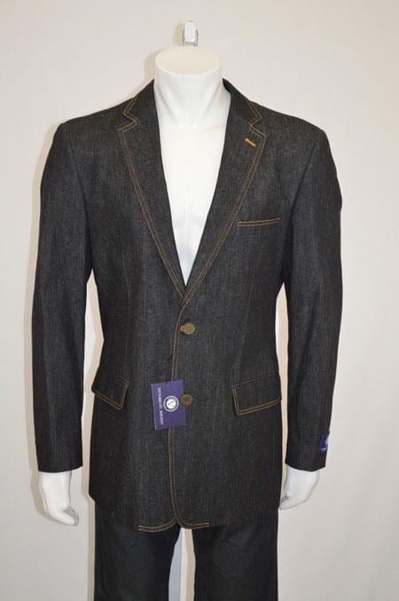 Two buttons Jean Sport coat Jacket Denim Men's Wholesale Blazer with Contrast Stitches Black