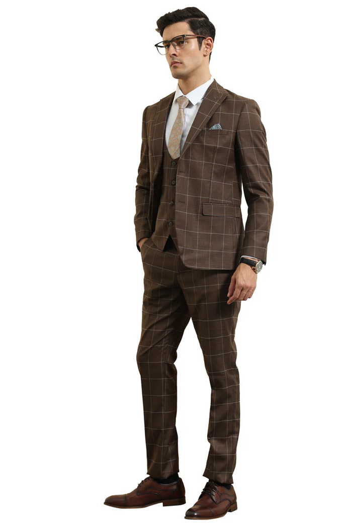 Mens Slim Fit Two Button Peak Lapel Vested Suit in Brown Windowpane Plaid by USA Men's Outlet