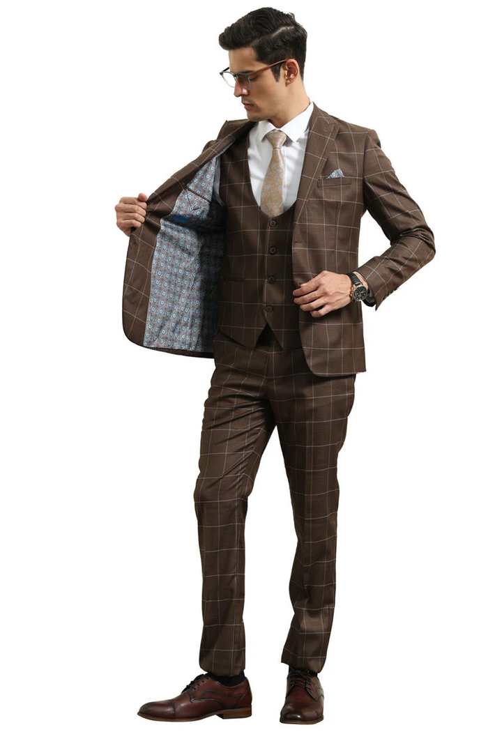 Mens Slim Fit Two Button Peak Lapel Vested Suit in Brown Windowpane Plaid by USA Men's Outlet