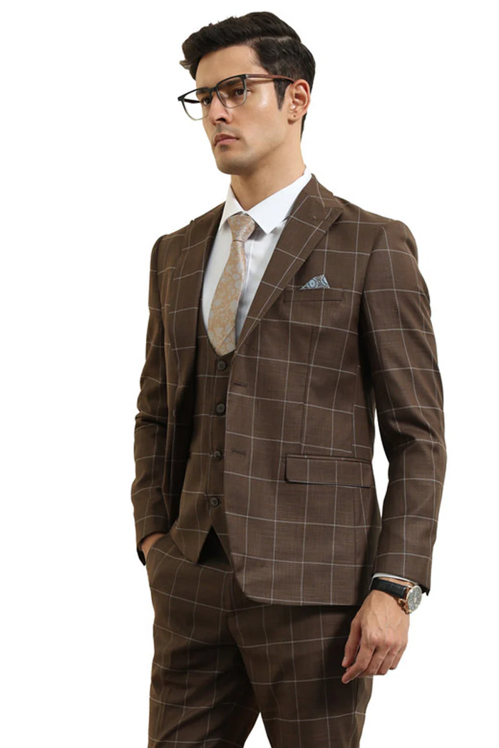 Mens Slim Fit Two Button Peak Lapel Vested Suit in Brown Windowpane Plaid by USA Men's Outlet