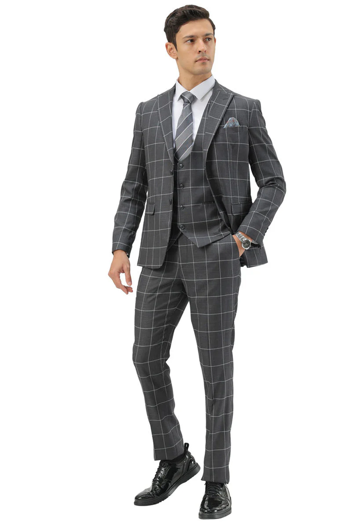 Mens Slim Fit Two Button Peak Lapel Vested Suit in Grey Windowpane Plaid by USA Men's Outlet