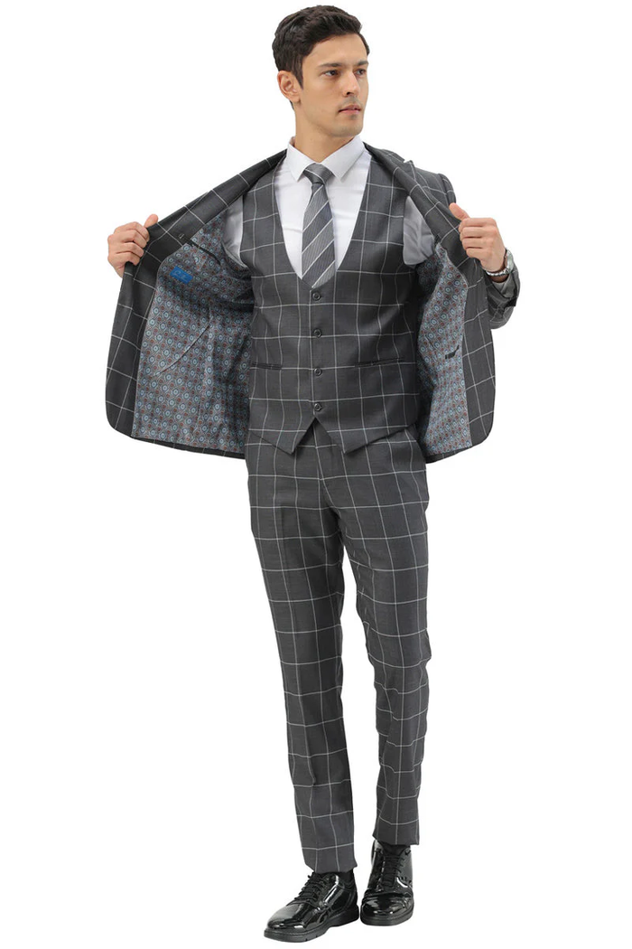 Mens Slim Fit Two Button Peak Lapel Vested Suit in Grey Windowpane Plaid by USA Men's Outlet