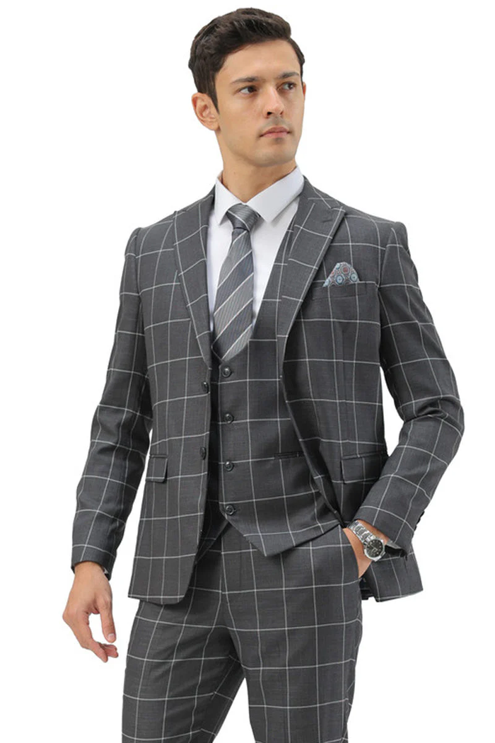 Mens Slim Fit Two Button Peak Lapel Vested Suit in Grey Windowpane Plaid by USA Men's Outlet