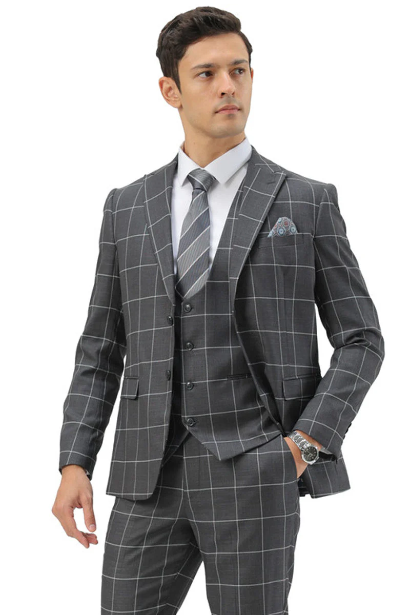 Mens Slim Fit Two Button Peak Lapel Vested Suit in Grey Windowpane Plaid by USA Men's Outlet