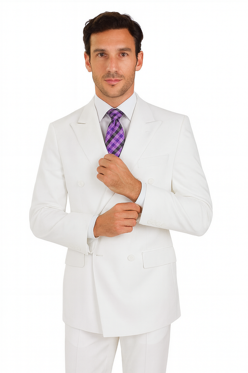 Mens Classic Double Breasted Poplin White Suit