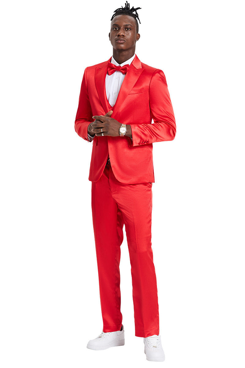 Men's Red Sharkskin Vested Suit for Prom & Weddings