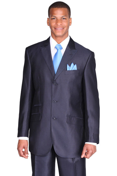 Mens 3 Button Peak Lapel Shiny Sharkskin Micro Pinstripe Suit in Navy Blue by Fortino Landiin