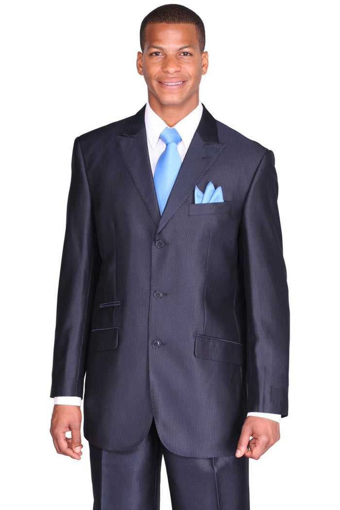 Mens 3 Button Peak Lapel Shiny Sharkskin Micro Pinstripe Suit in Navy Blue by Fortino Landiin