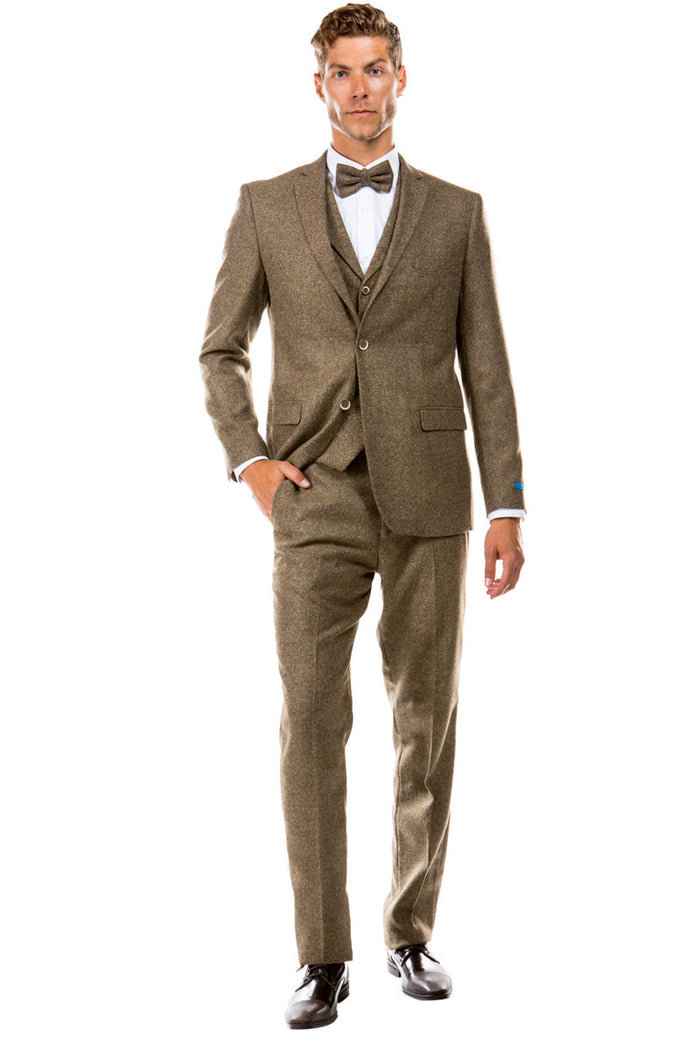 Men's Two Button Vested Vintage Style Tweed Wedding Suit in Tan by Sean Alexander