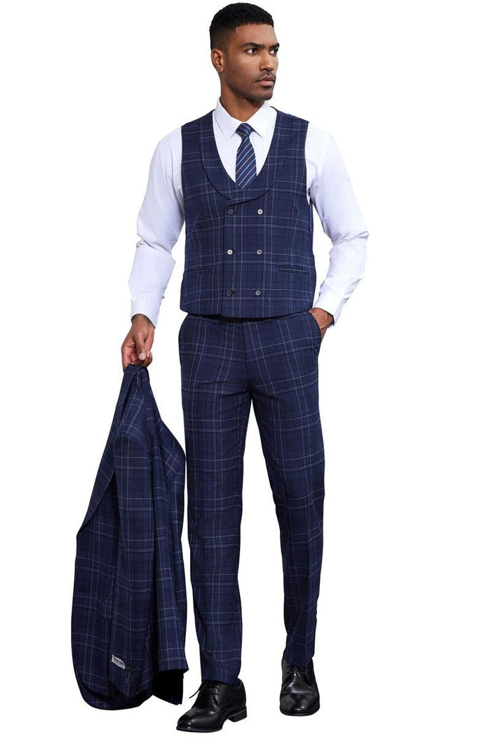 Men's Stacy Adams Vested Two Button Double Windowpane Plaid Suit in Navy
